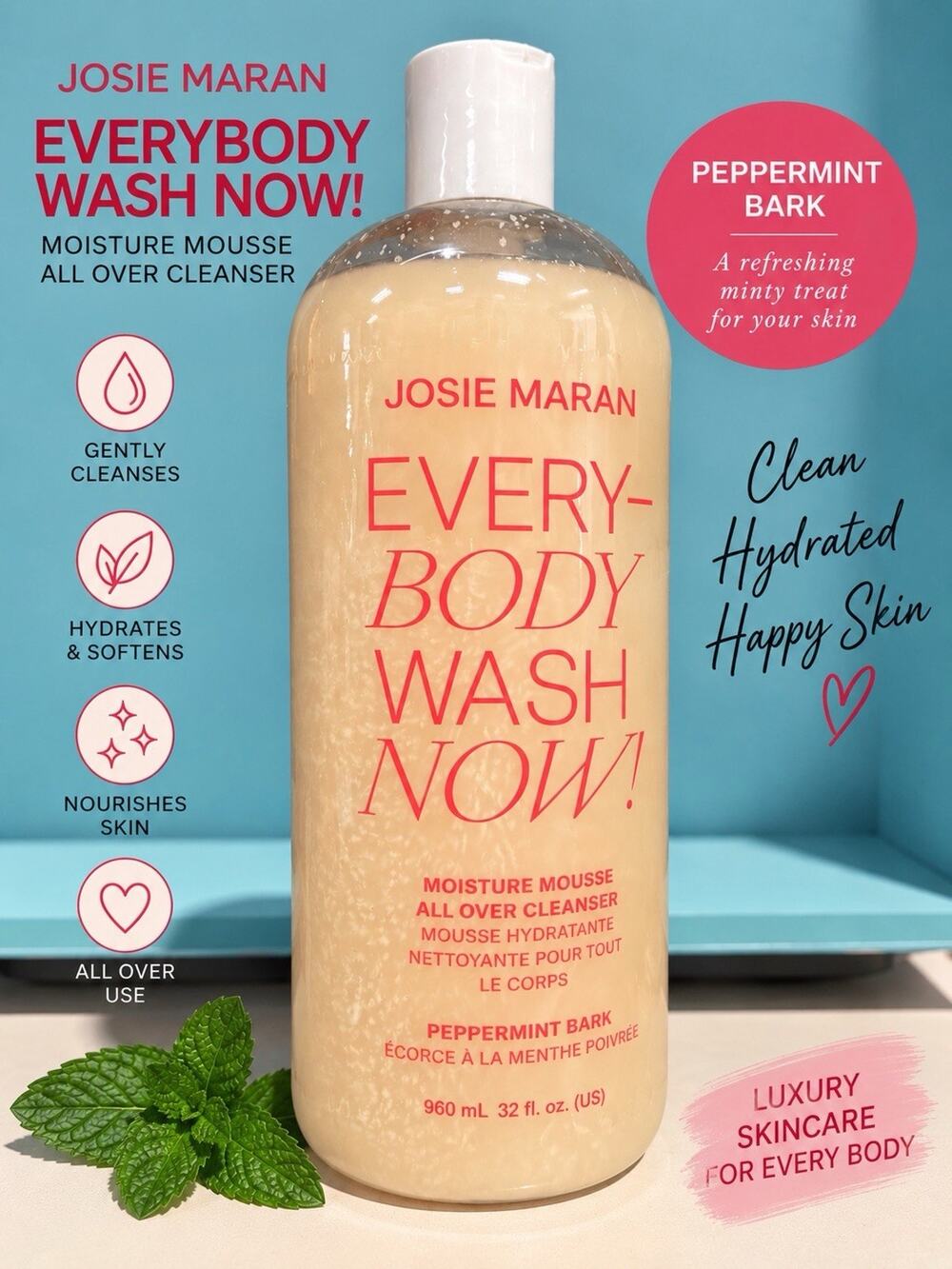 Josie Maran EveryBody Wash Now! Peppermint Bark Moisture Mousse 32 oz NEW